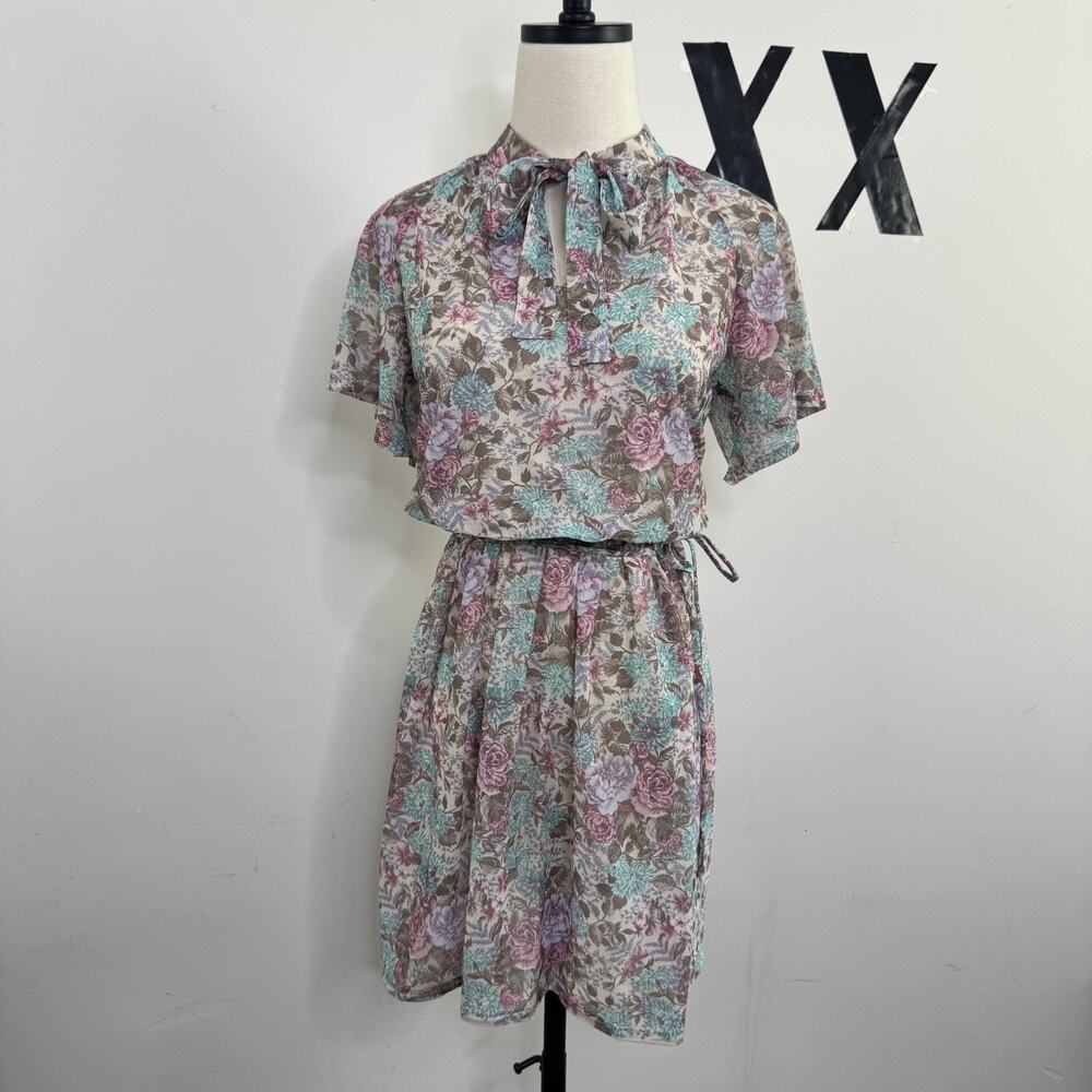 Vintage 70s Sheer Floral Midi Dress Tie Neck Flowy Sleeves Secretary S